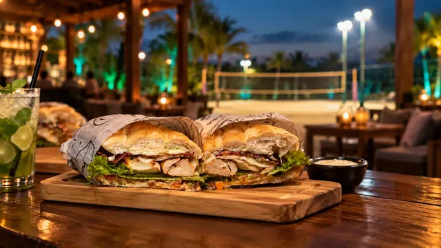 Sanduíches do lounge da Arena New Beach com a quadra ao fundo